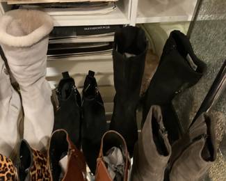 Assorted Leather, suede, and horsehair boots. Salvatore Ferragamo, Coach, Ugg, Clark, Naturalizer