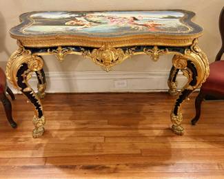 French Hall Table with Bronze Ormolu and Painted Top
