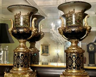 Palatial Pair of Porcelain and GIlt Bronze Sevres Style Urns with