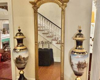 Tall Pier Mirror with very tall Sevres-style Porcelain Urns