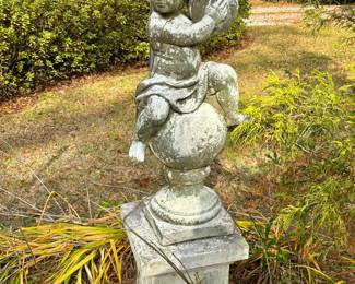 Vintage Weathered Cast Stone Garden Statue Depicting a Cherub (2 of 4 musical themed)
