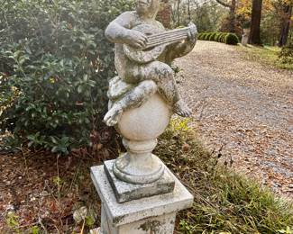 Vintage Weathered Cast Stone Garden Statue Depicting a Cherub (4 of 4 musical themed)