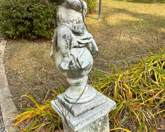 Vintage Weathered Cast Stone Garden Statue Depicting a Cherub (1 of 4 musical themed)