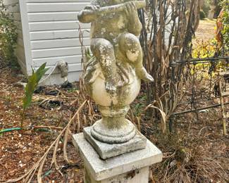 Vintage Weathered Cast Stone Garden Statue Depicting a Cherub (3 of 4 musical themed)