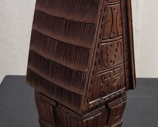 Hand-carved wooden model of a Fijian Bure Kalou, or spirit house/temple