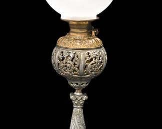 Antique Converted Kerosene/Oil Lamp - Ornate Cast Metal Base & Fount - "MADE IN US OF AMERICA"