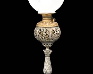 Antique Converted Kerosene/Oil Lamp - Ornate Cast Metal Base & Fount - "MADE IN US OF AMERICA"