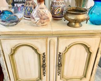 slat top server and vintage pottery