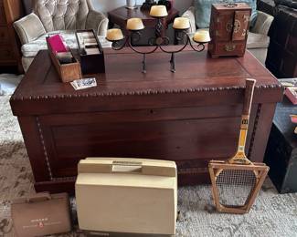 Antique wooden Chest, older sewing machines, sports cards and Chris Evert model tennis racket