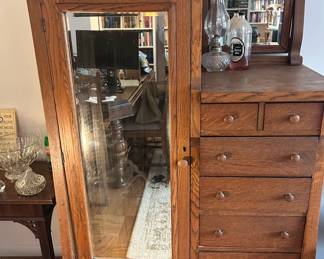 Antique solid oak armoire with mirrored door