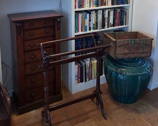 Antique dresser, quilt rack and large planter