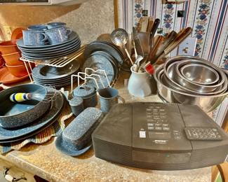 Vintage blue and white enamel wear, Bose radio