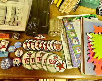 Texaco advertising patches, political buttons