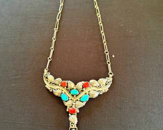 Navajo silver necklace with coral and turquoise signed HBY (Harry B. Yazzie)