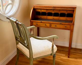 Petite rolltop/cylinder Sheraton style secretary with leather top.