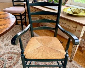 Rush seat, ladder back dining chairs.  Made in Italy.  (2) armchairs and (4) side chairs available.