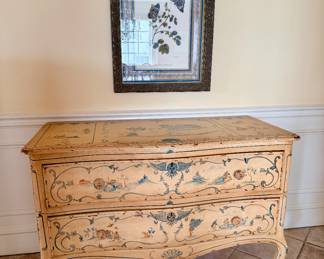 Hand painted Louis XV style bombe chest.  One of two available.