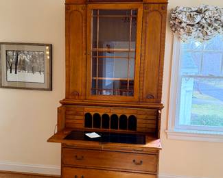 Banks Coldston Co. secrétaire bookcase.  Reproduction of George Hepplewhite design.  Solid and veneered mahogany.  96"H x 43"W x 20.5"D