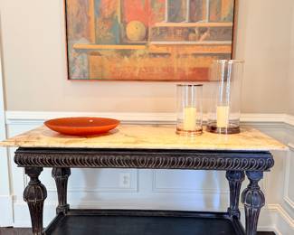 Faux Marble topped buffet table; 63" L x 28" D x 35" H. Original art by George Peterson.