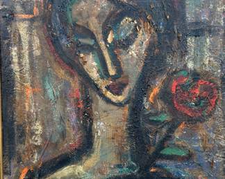 Mid Century Modernist oil. Woman with rose.