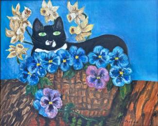 Whimsical painting of a black cat.