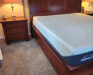 Furniture being sold as a set. Mattress may be purchased separately.
5 piece bedroom set by Aspenhome. :
-King bed-head, footboards and wooden side rails with under bed storage via 2 drawers at end
-2 nightstands
-2 upright dressers, 1 w matching mirror
Also King Tempur-Pedic ProAdapt mattress in excellent condition