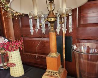 Single, vintage lamp with crystal pendants