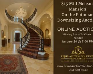 $15 Mill Mclean Mansion On the Potomac Downsizing Auction Auction filled with Period piece furniture, Quality Persian Rugs, Venetian Glass, Chanel, Ferregamo Collectibles, Art, and designer pieces