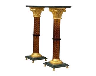 $21,000+ Pair of Italian Gilt Bronze Mounted Amber Glass Columns Pedestals 
