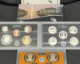 U.S. Mint Silver Proof Sets from 2013 and 2014, each containing 14 coins