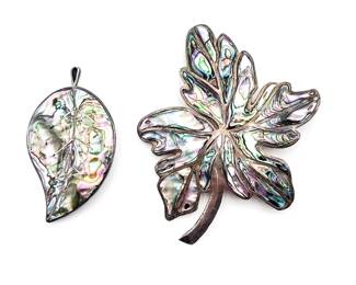 Two Vintage Sterling Silver And Abalone Leaf Brooches