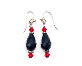 Pair of Black & Red Glass Teardrop Costume Earrings