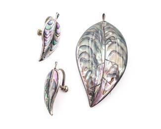 Vintage Sterling Silver And Abalone Leaf Pin And Earrings Set