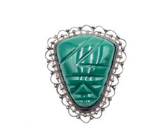 Vintage Sterling Silver And Green Onyx Mask Broochc