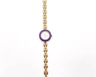 Gold Tone Vintage Gucci Watch With Purple Bezel