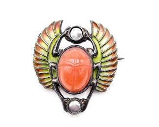 Sterling Silver Egyptian Revival Winged Scarab Brooch