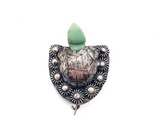 Sterling Silver Southwest Style Turtle Pin With Green Turquoise Head