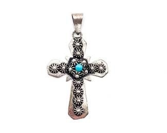 Vintage Sterling Silver & Turquoise Cross Pendant Made in Mexico