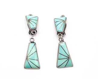 Pair of Zuni Style Turquoise And Sterling Silver Clip-On Earrings