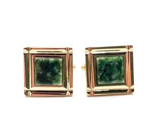 Pair of Square Carved Jade and Gold Tone Cufflinks