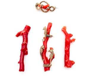 Group Of Three Red Coral Pieces And A Red Coral Brooch