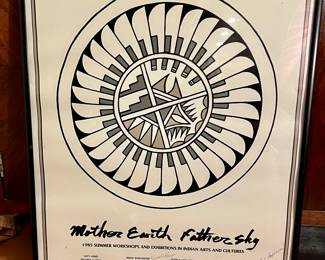 Native Arts framed exhibition poster signed by Reina Kohlmeyer, Jessica Lomatewana ( basket weaver), Fred Kabotie (painter, author, etc.), Michael Kabotie (jewelry), Blue Corn (pottery). 