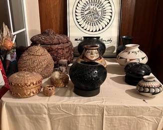 Mata Ortiz pottery, Shipibo pot, hand made baskets, and framed gallery exhibition poster signed by Pueblo potter Blue Corn and other important Native American artists