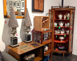 Everything for sale! Dishes, decor, and display cabinets available!