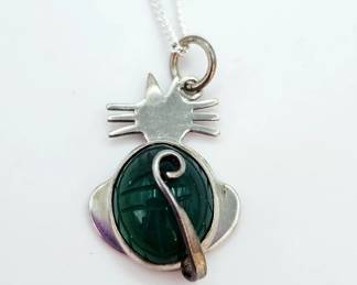 Sterling Cat Jadeite Pendant