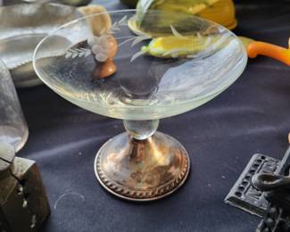 vintage Duchin Creation sterling silver weighted glass compote dish with an etched floral design.
