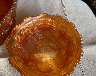 vintage Imperial Glass marigold carnival glass bowl, likely in the Open Rose or Rose pattern.