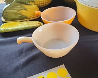 Vintage Fire king handled soup bowls with a beehive design