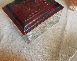 vintage Anchor Hocking Royal Ruby rectangular jewel or trinket box with a rose-embossed lid.