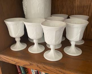 Vintage Milk Glass Goblets and Pitcher, Indiana Colony Harvest Grape